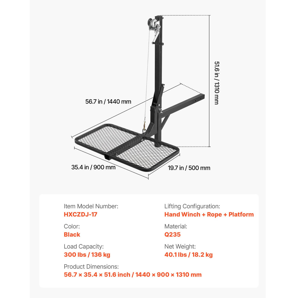 Hitch-Mounted Deer Hoist with Lift System Platform 300 lb Capacity