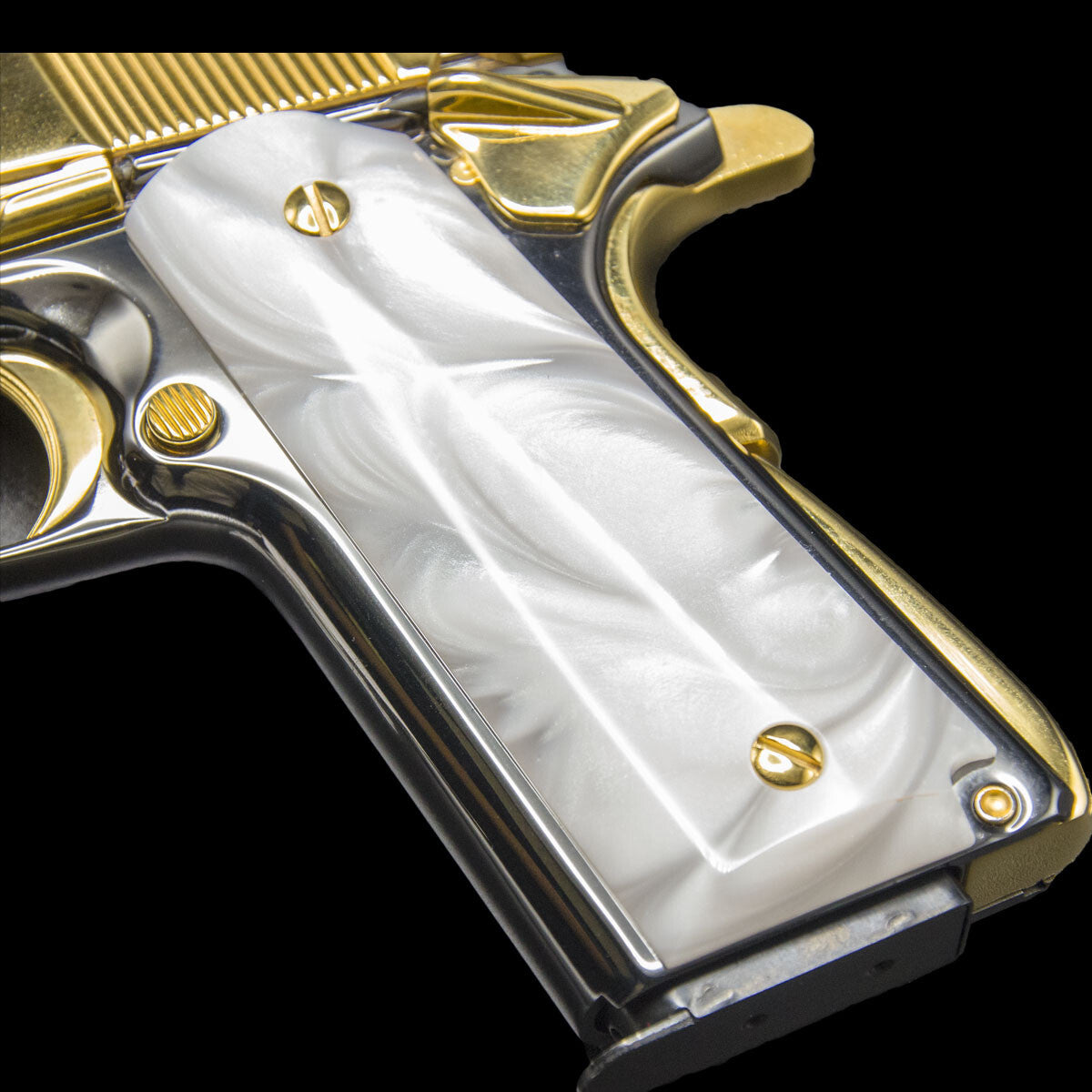 1911 Full Size Mother of Pearl Grips with Bonus 4 Gold Screws - Polished White Polymer