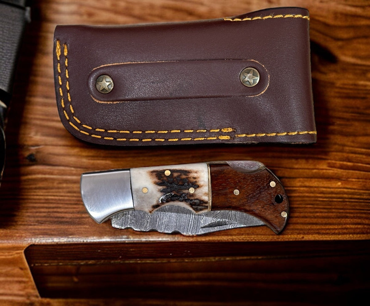 Personalized Damascus Folding Knife with Stag Antler and Rosewood Handle - Custom Engraving Gift