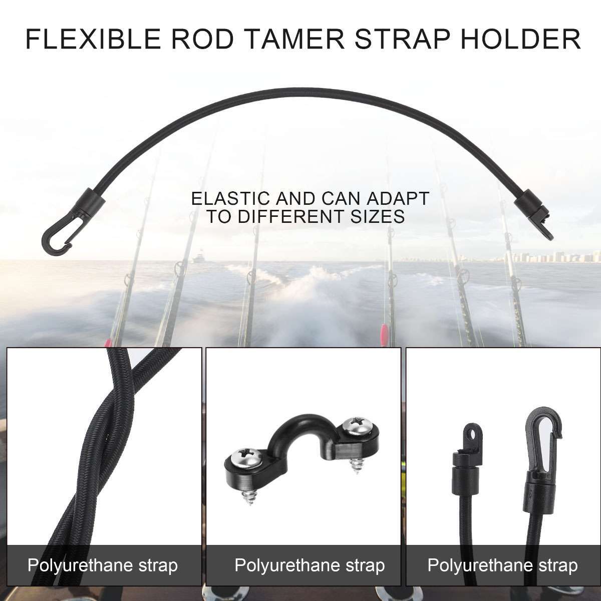 Boat Fishing Rod Holder Straps Set - Deck Mount Tie Down Clips & Bungee