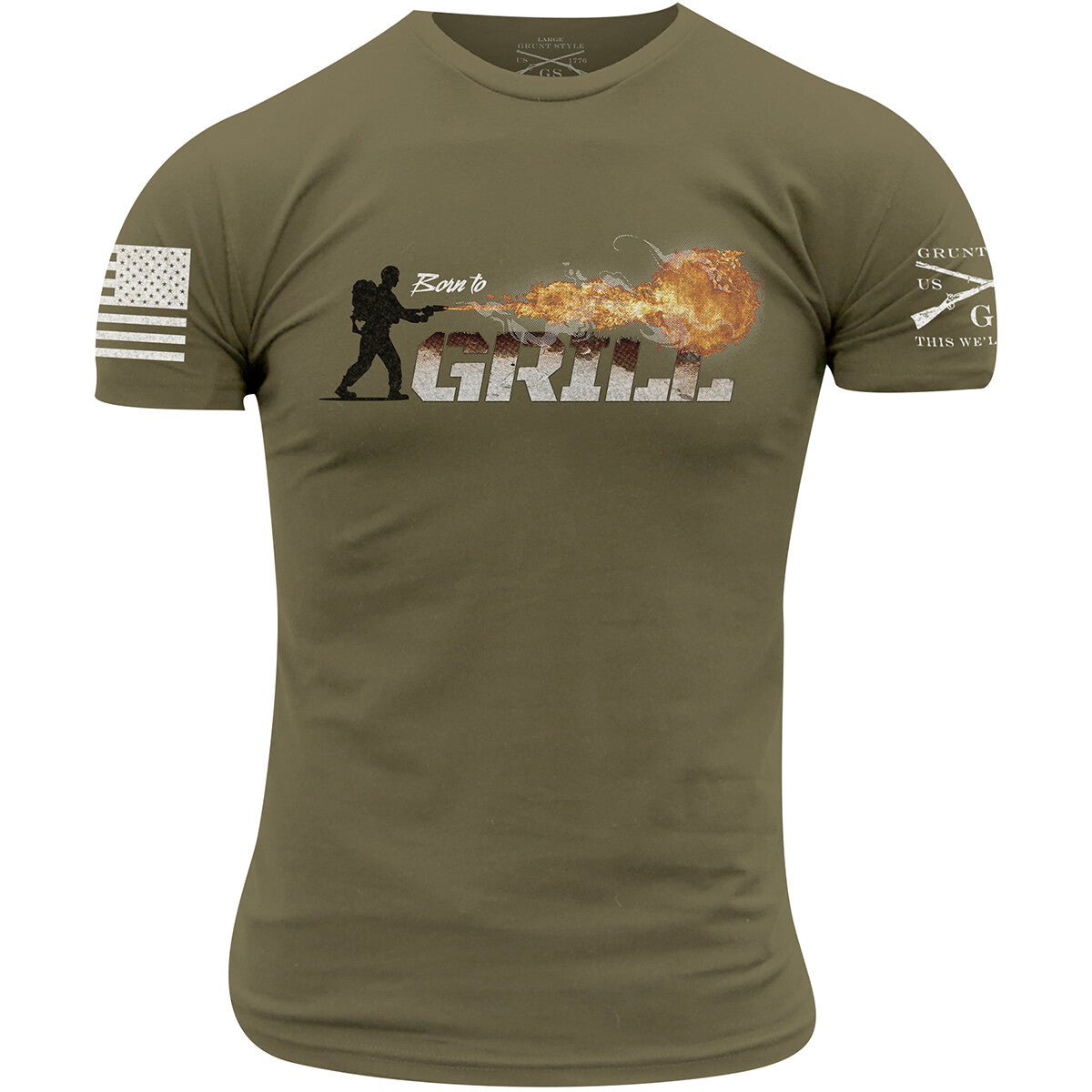 Military Green T-Shirt for Men - Born To Grill Design, Multiple Sizes