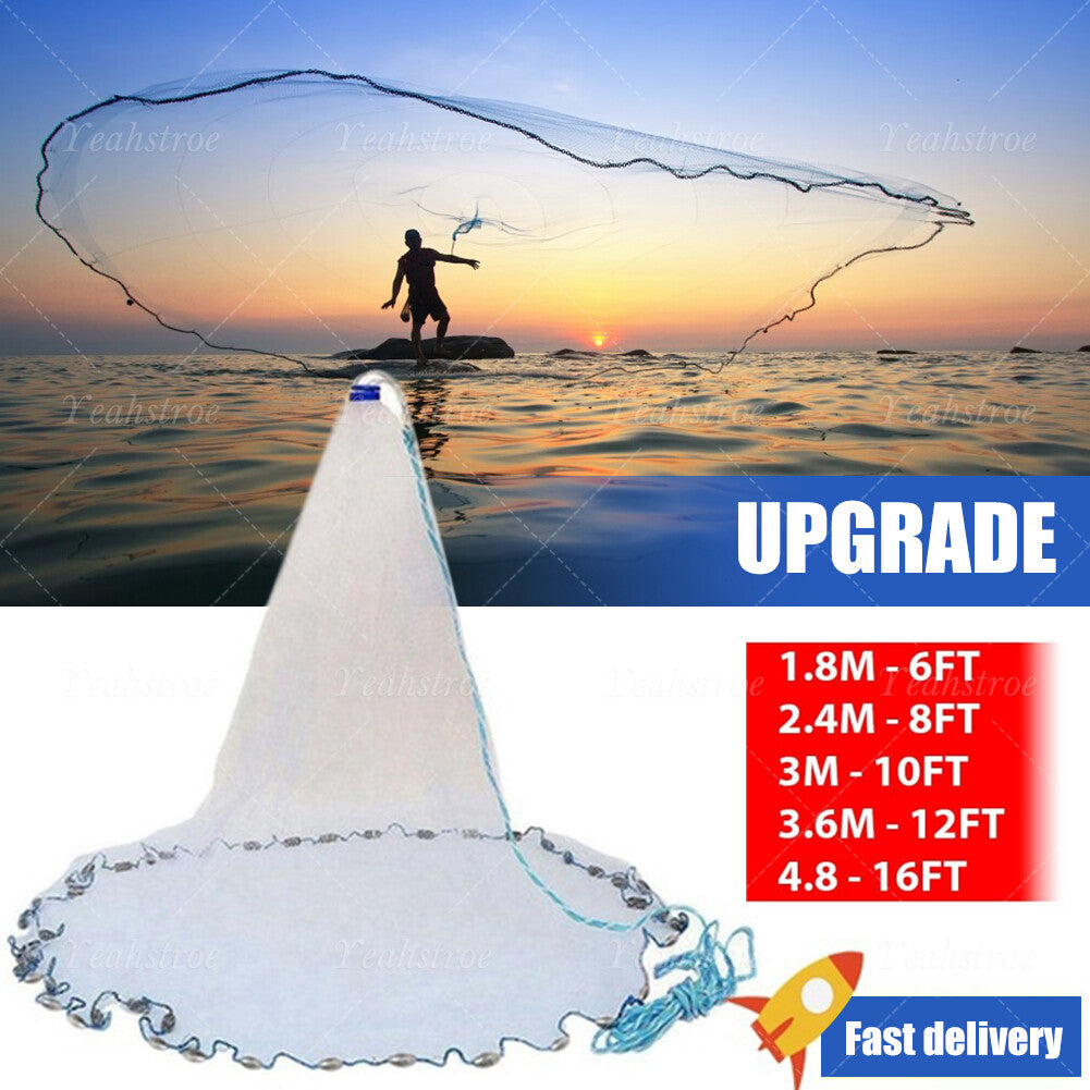 Heavy Duty Fishing Cast Net 6-16FT for Bait & Catching Fish - Durable Nylon Mesh