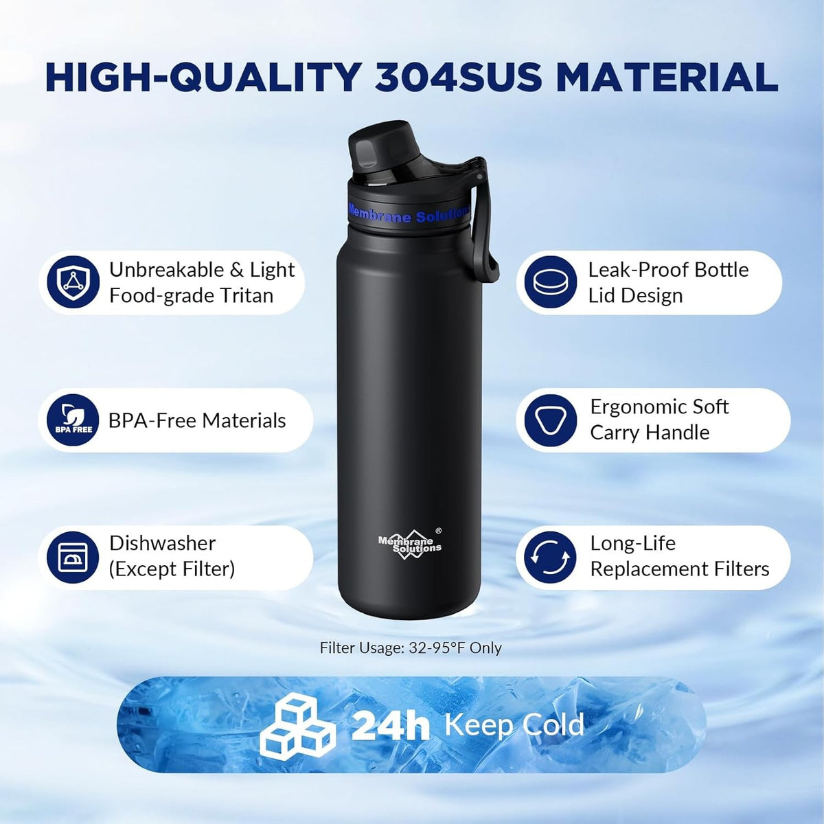 32oz Stainless Steel Water Bottle with Activated Carbon Filter - Reusable Hydration