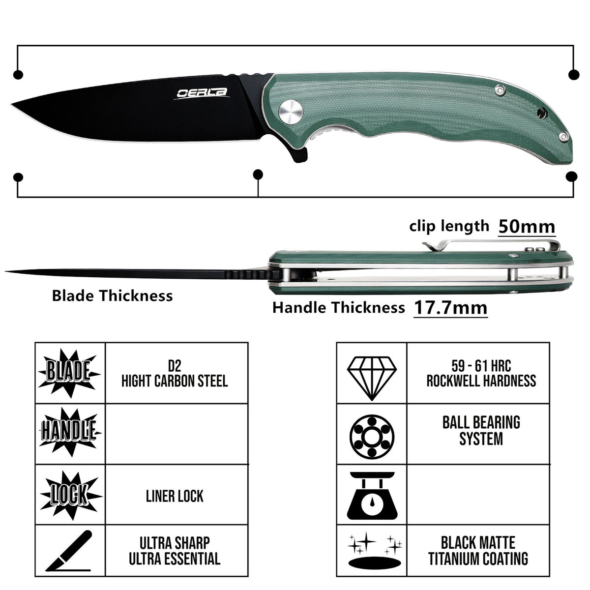 8.9 Inch Folding Pocket Knife with D2 High Carbon Steel Blade, Green Handle