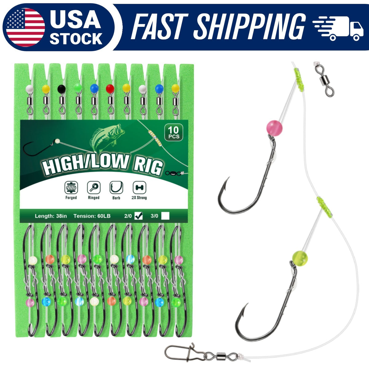 Pre-Rigged Surf Fishing Rig with Dual 2/0 Baitholder Hooks - Heavy-Duty Tackle