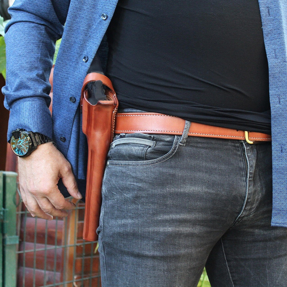 3-Slot Leather Holster with Retention Strap for S&W Model 500 Magnum X-Frame 8.375"