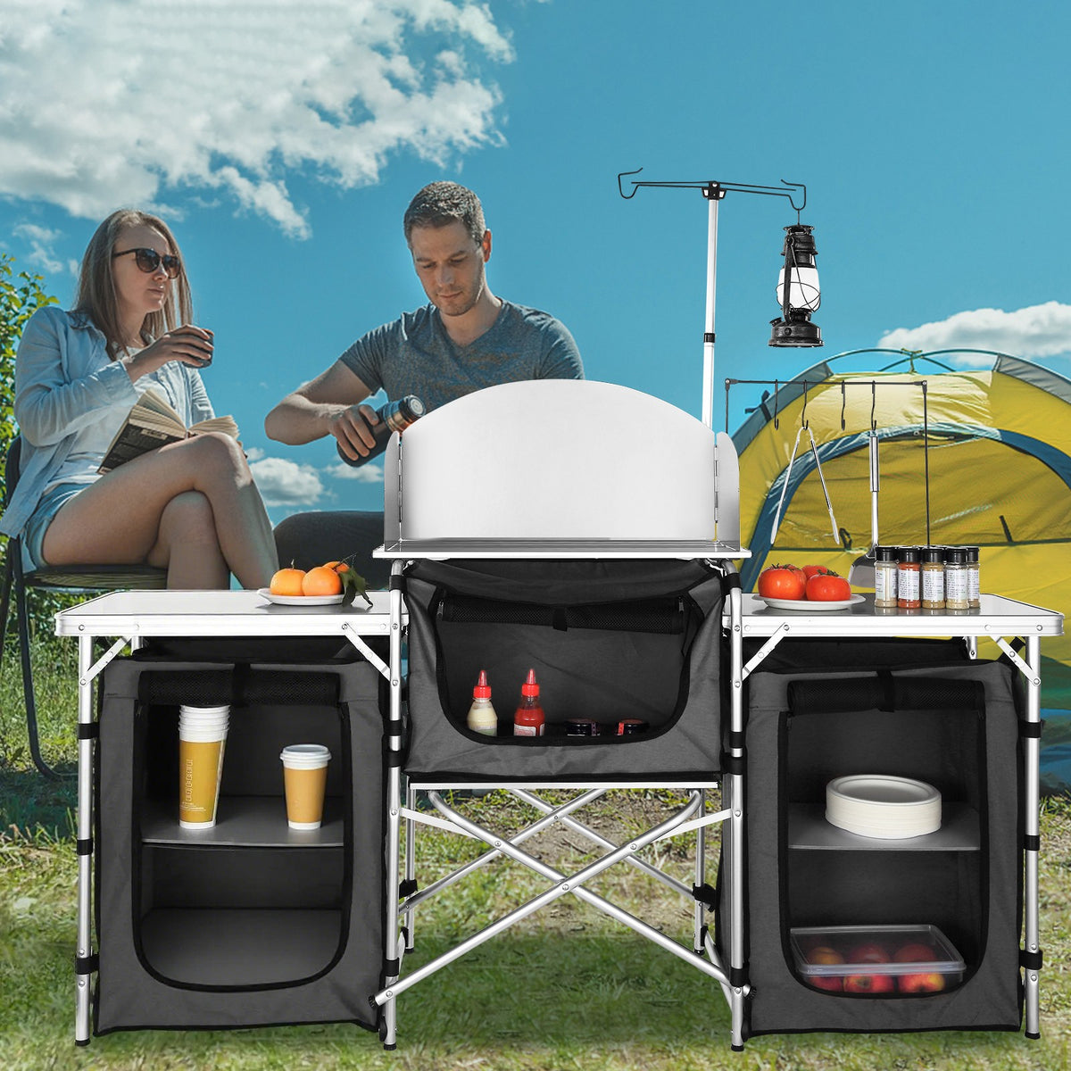 Folding Camping Kitchen Table with 3 Cupboards - Portable Outdoor Cook Station