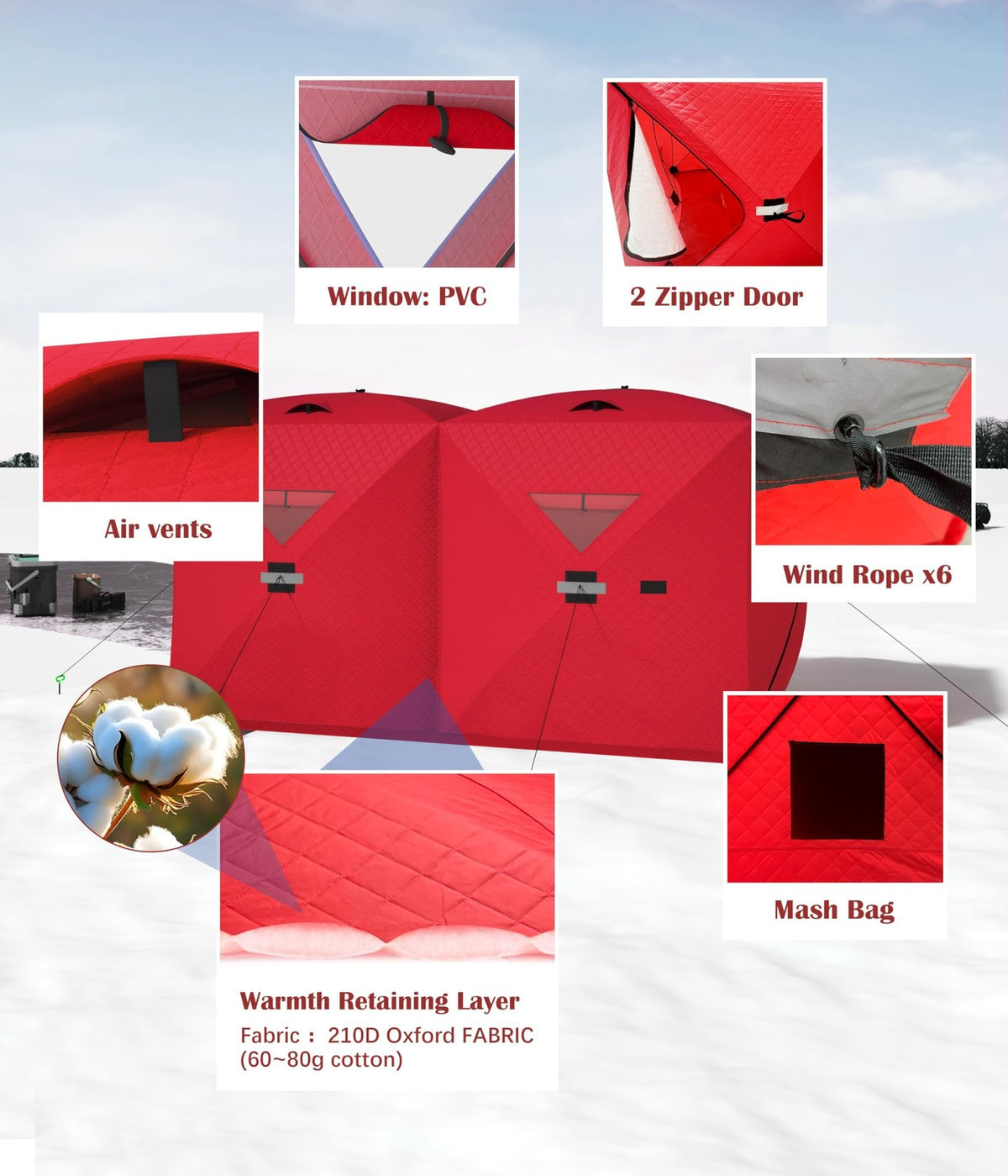 Insulated Pop Up Ice Fishing Shelter for 4-6 People, 210D Oxford Fabric