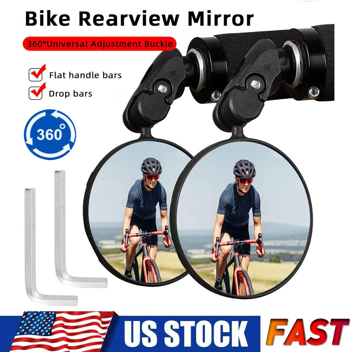 2 Pack Bicycle Rearview Mirrors Handlebar Convex Wide View Bar End Mount