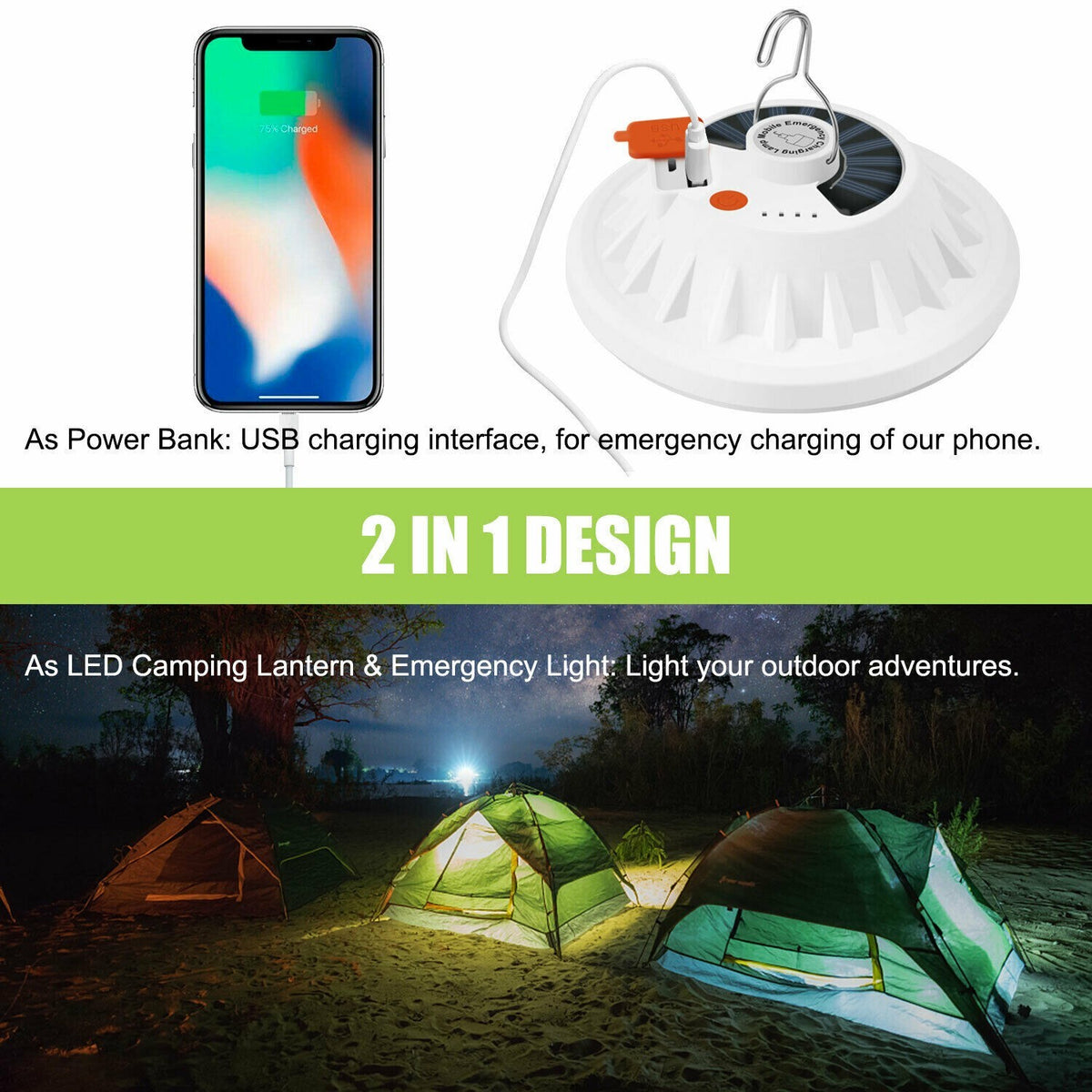 Rechargeable LED Camping Lantern with Solar & USB Power Bank