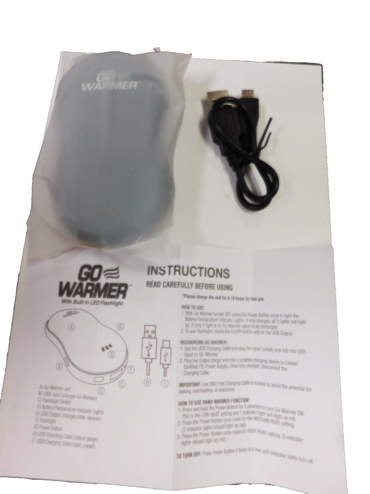 Rechargeable Hand Warmer Power Bank with Flashlight - Black
