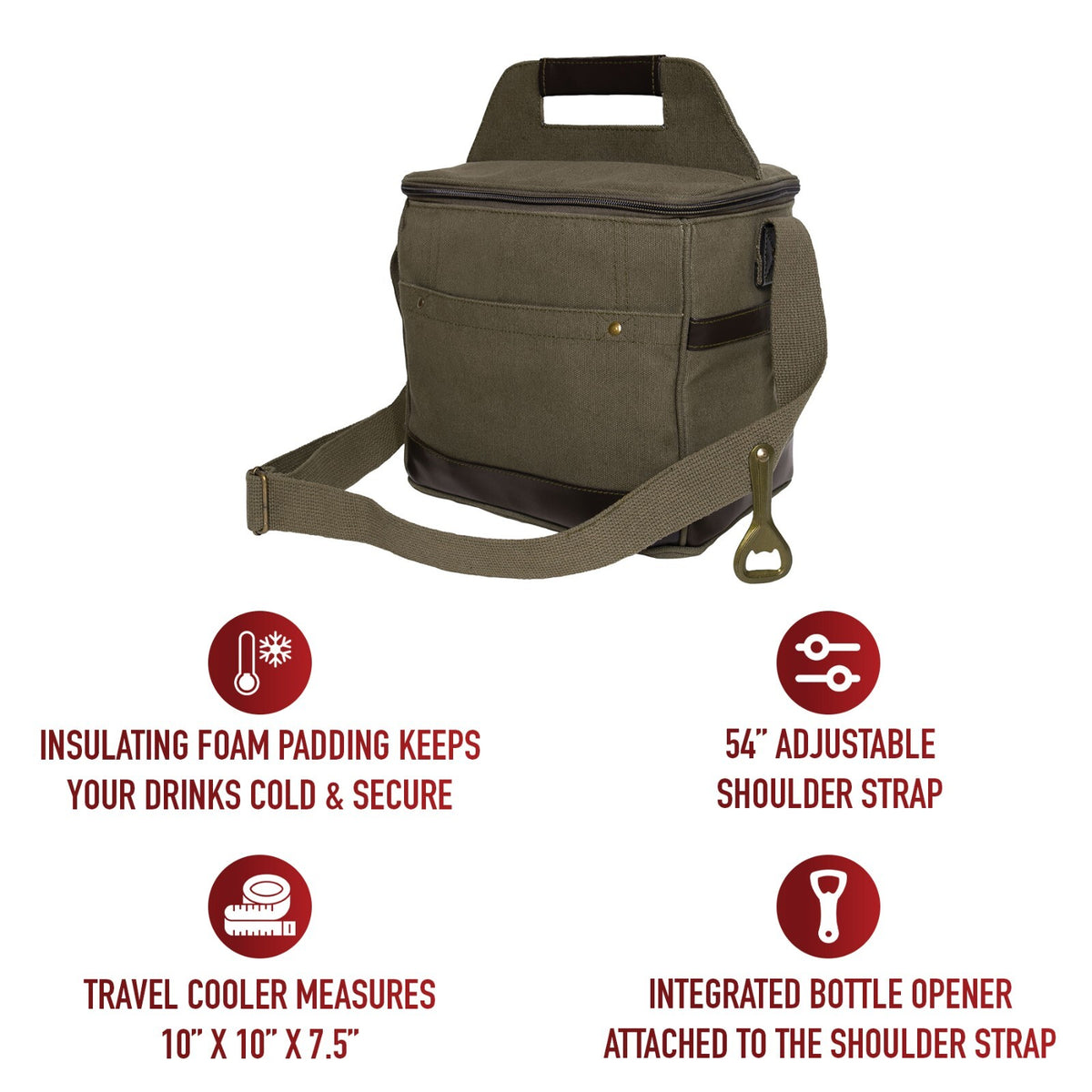 Insulated Travel Cooler Bag with Canvas & Leather Details, Multiple Colors