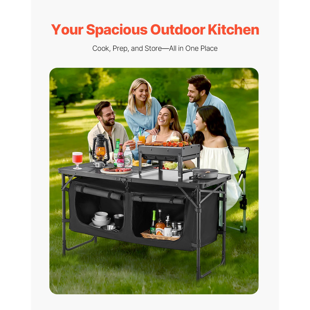 Portable Camping Kitchen Table with Adjustable Height and Storage