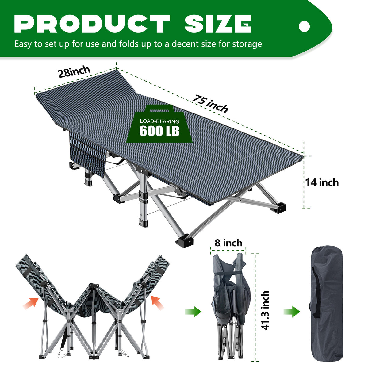Folding Camping Cot with Mattress and Carry Bag - 75x28 Inches, Heavy Duty