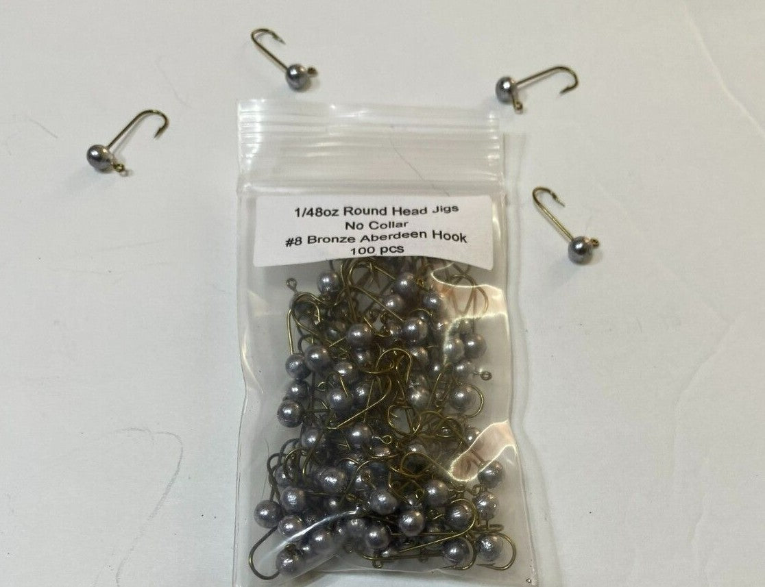 Unpainted Lead Round Head Jig Hooks 100pcs - No Collar, Size Varieties