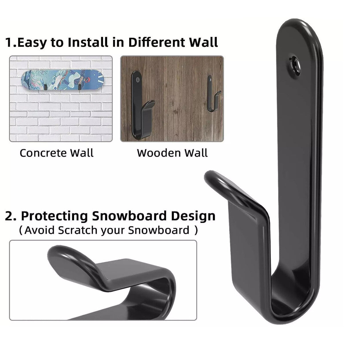Skateboard Wall Mount Display Rack with 2 Hooks - Horizontal Deck Holder