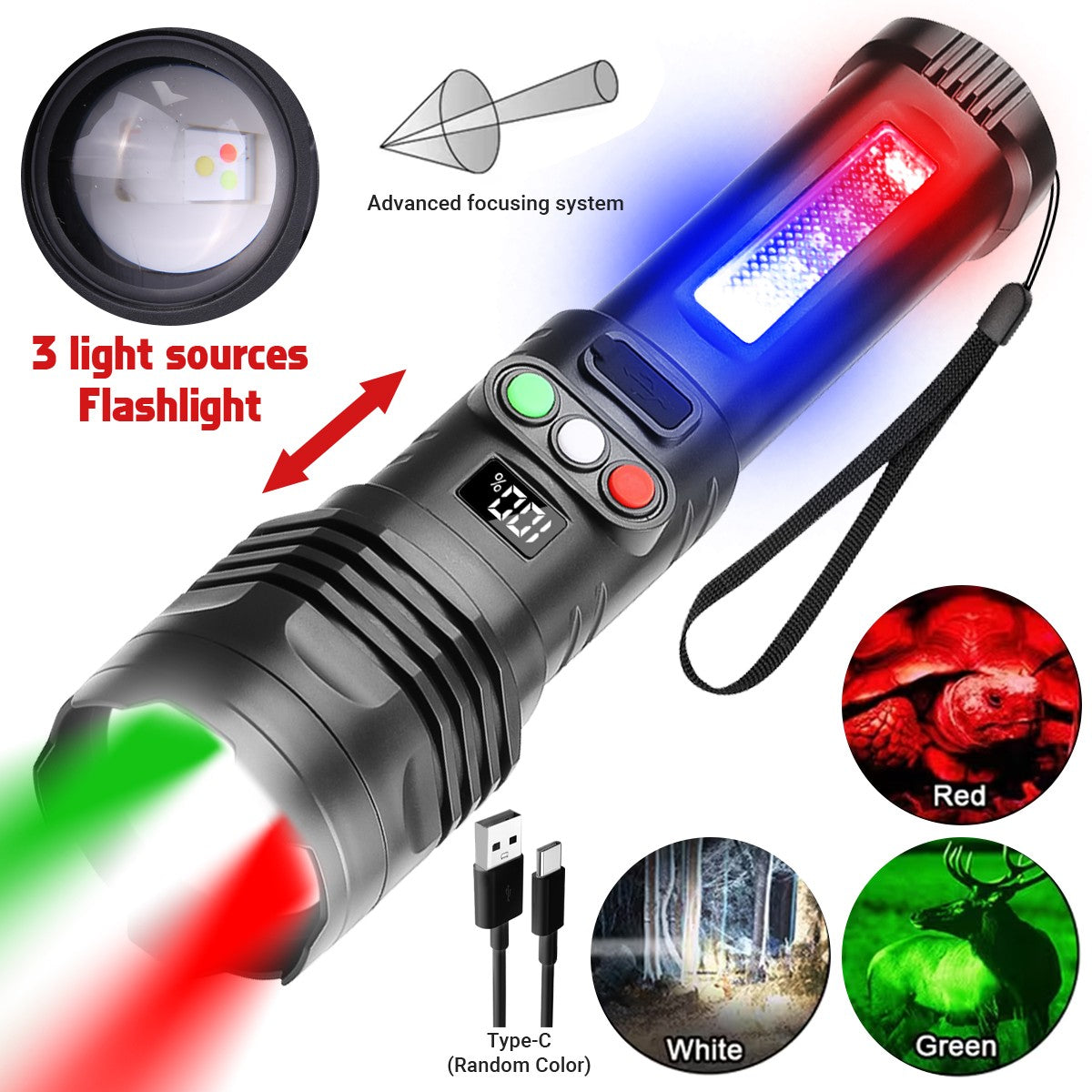 Rechargeable 990000 Lumen LED Tactical Flashlight with 3 Color Modes and COB Work Light