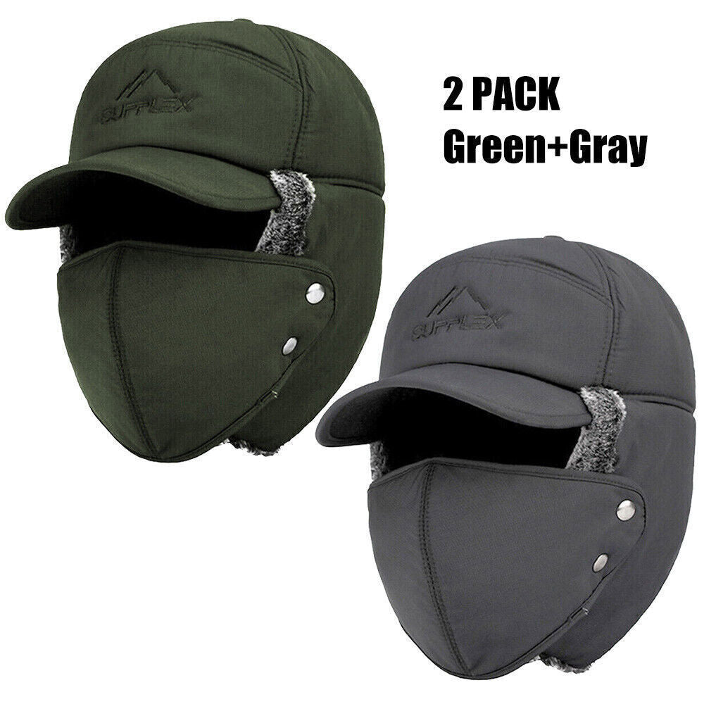 Winter Trapper Hat with Faux Fur Ear Flaps and Removable Face Mask - Windproof & Waterproof