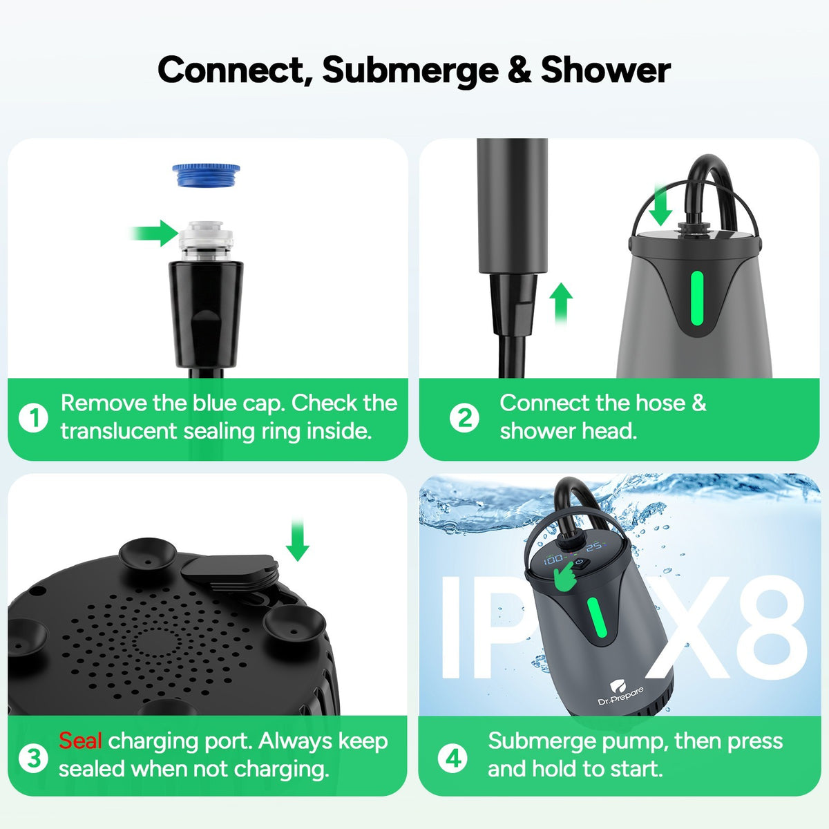 Portable Camping Shower with 8000mAh Battery, 180 Min Runtime & 3 Spray Modes