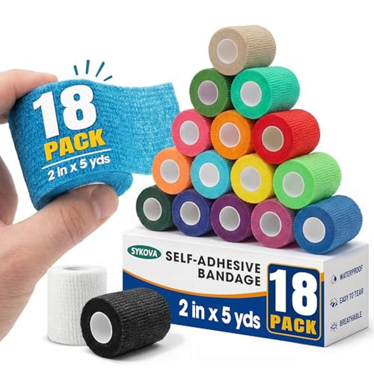 Self Adhesive Athletic Wrap 18 Pack - 2 Inch Multicolor Sports Bandages