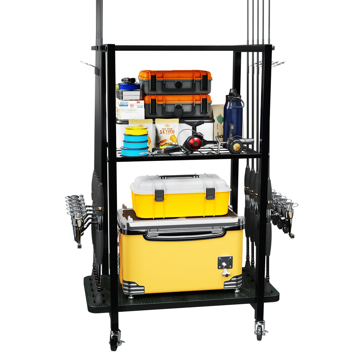 10 Rod Fishing Rod Holder Rack with Tackle Storage and Mobility