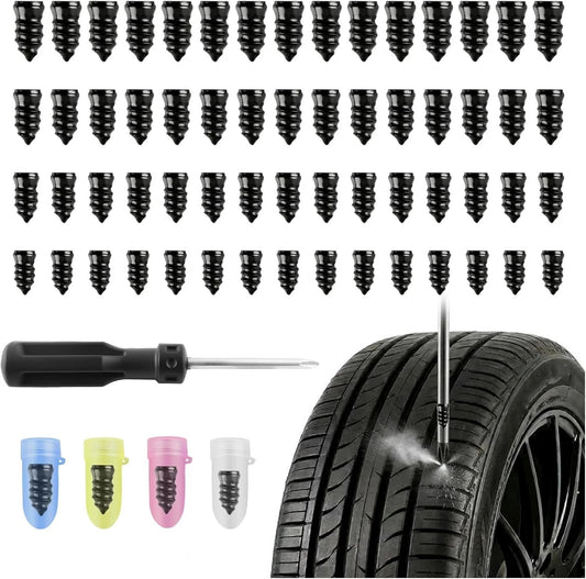 60PCS Tire Repair Kit with Self-Injecting Rubber Plugs and Screwdriver