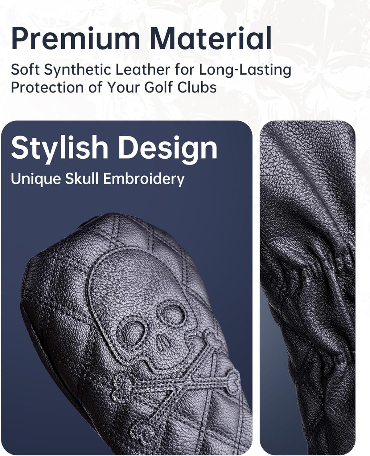 Golf Club Headcover Set with Skull Design - Fits Driver, Fairway, Hybrid, Waterproof Leather
