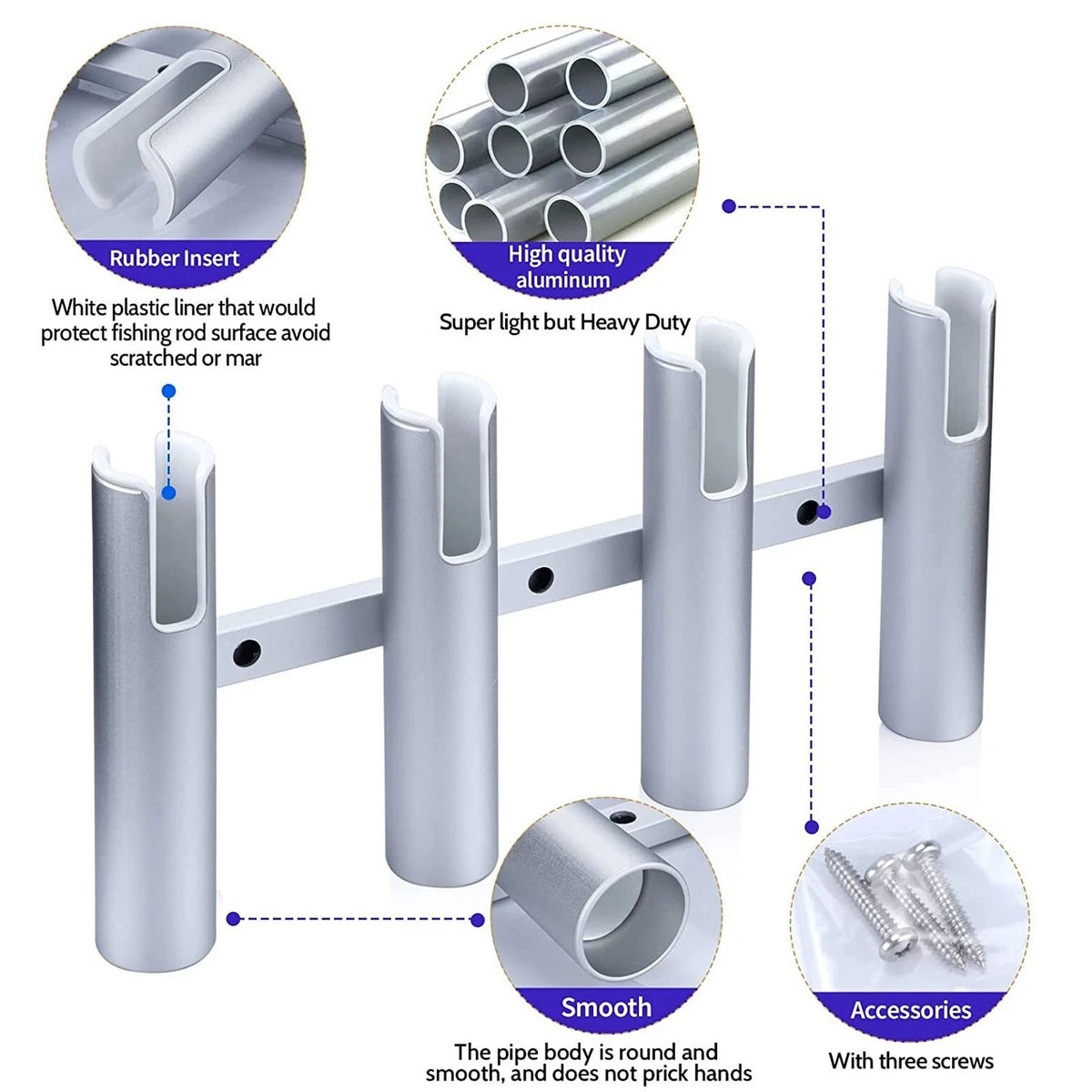 Aluminum Boat Fishing Rod Holders 4 Tubes - Heavy Duty, Rustproof, Silver