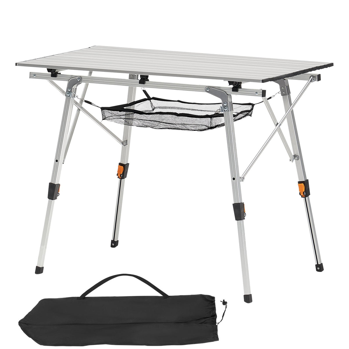 Portable Folding Aluminum Camping Table with Roll-Up Top & Mesh Shelf