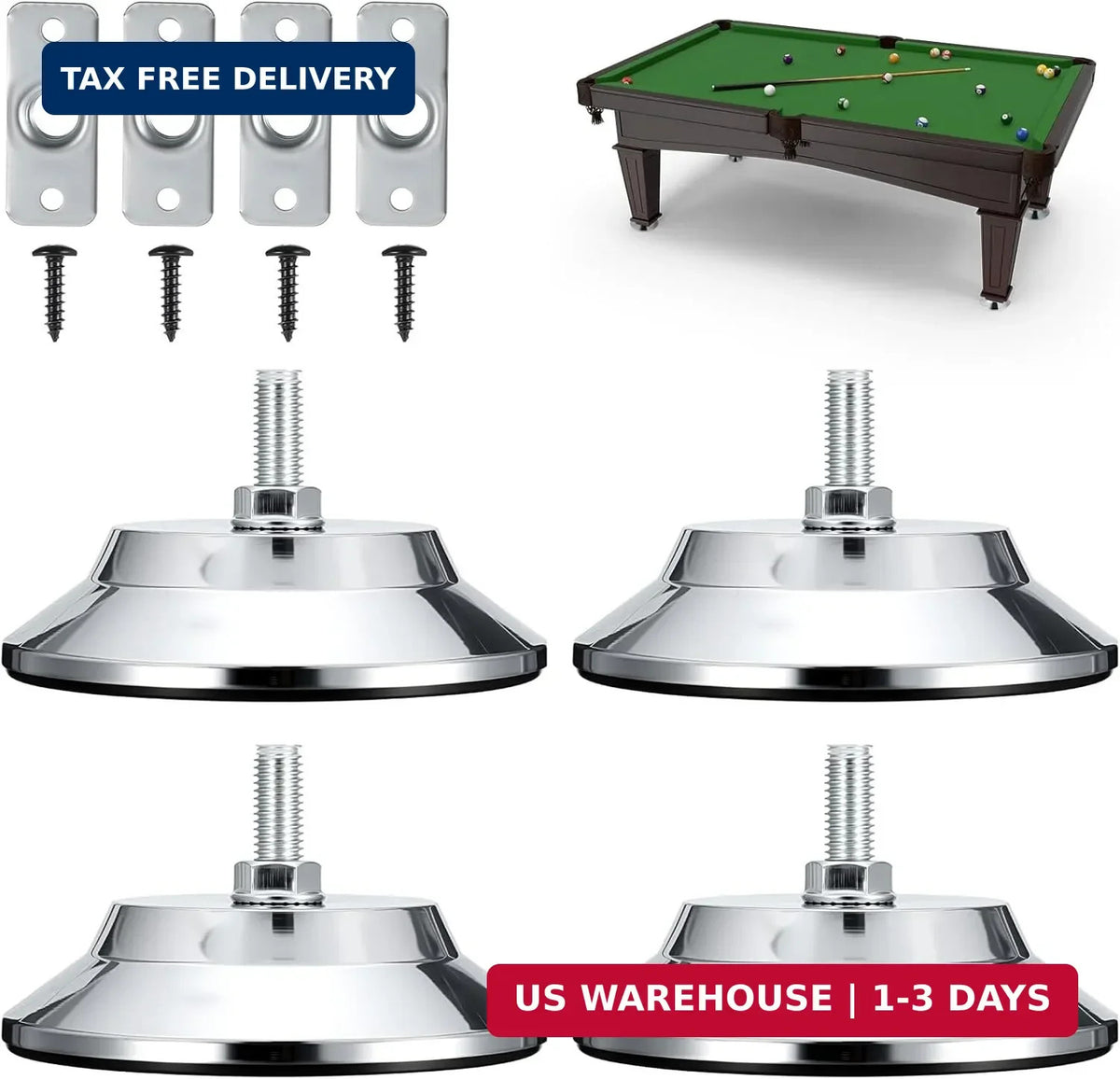 Adjustable 5 Inch Billiard Table Leg Levelers - Heavy Duty Metal Risers (4 Pack)