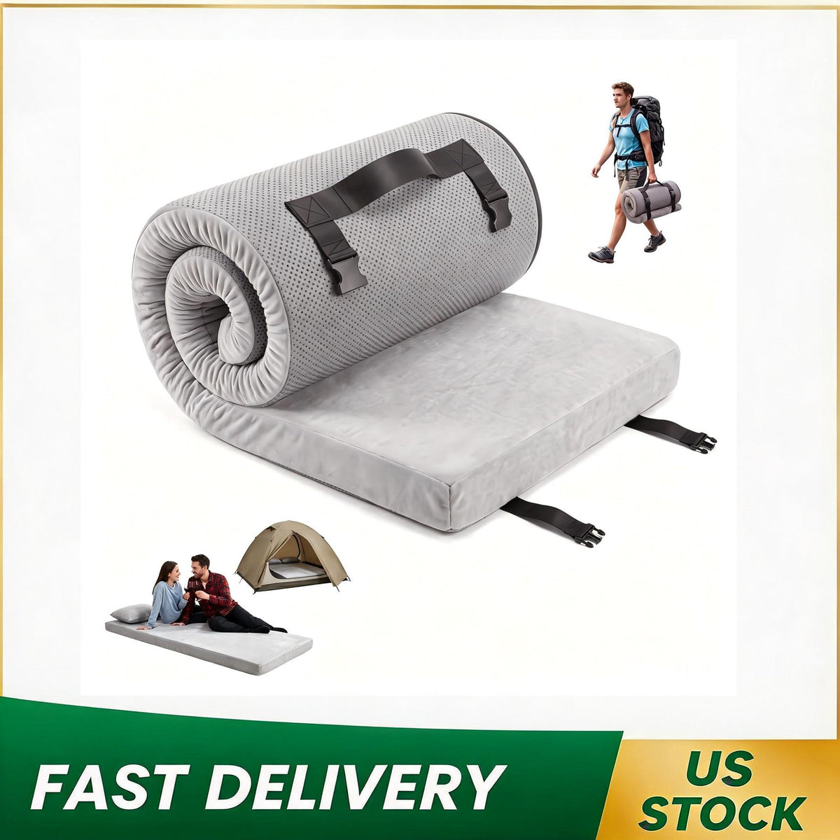 Thick Memory Foam Camping Cot Mattress Pad - Portable Roll-Up Sleeping Pad