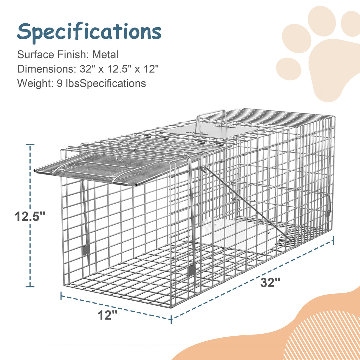 Live Animal Cage Trap 32 x 12.5 x 12 Inches Humane Rodent Raccoon Trap