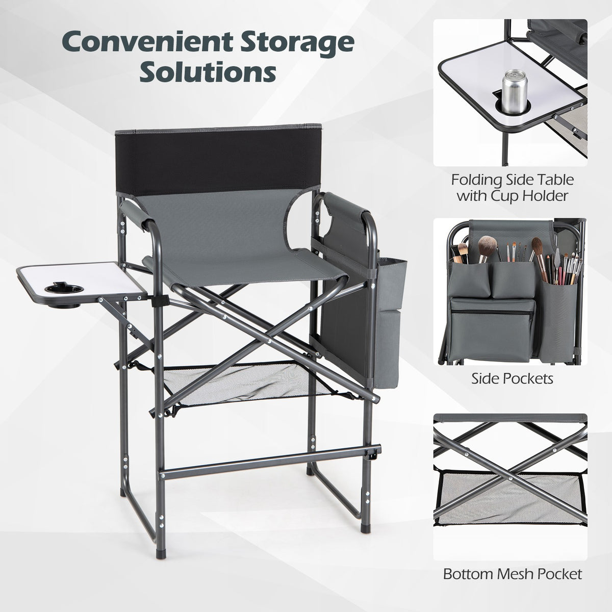 26-Inch Folding Tall Director Chair with Side Table & Cup Holders
