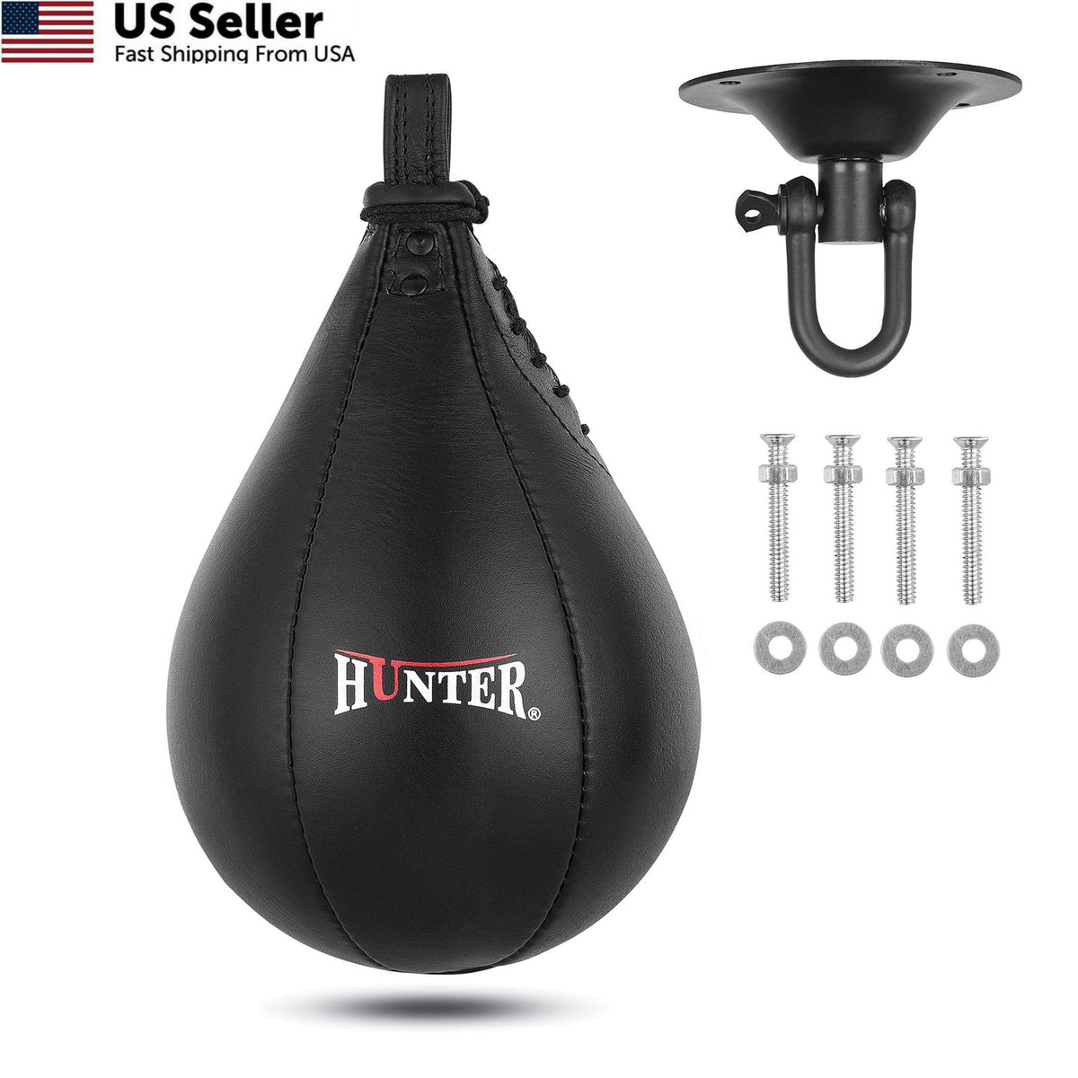 Hunter Leather Speed Bag for Boxing 9.5 x 7 Black Cowhide Punching Bag