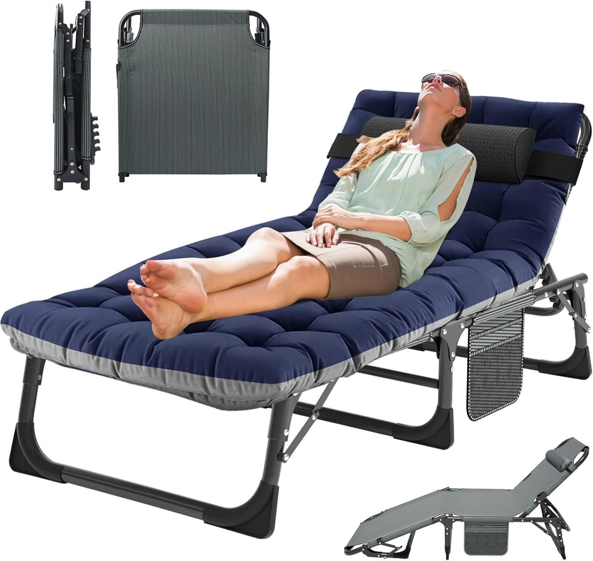 Adults Folding Camping Cot with Adjustable Headrest and Mattress