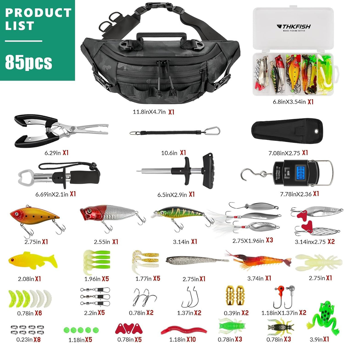 85Pcs Fishing Tackle Kit with Waterproof Backpack and Tackle Boxes