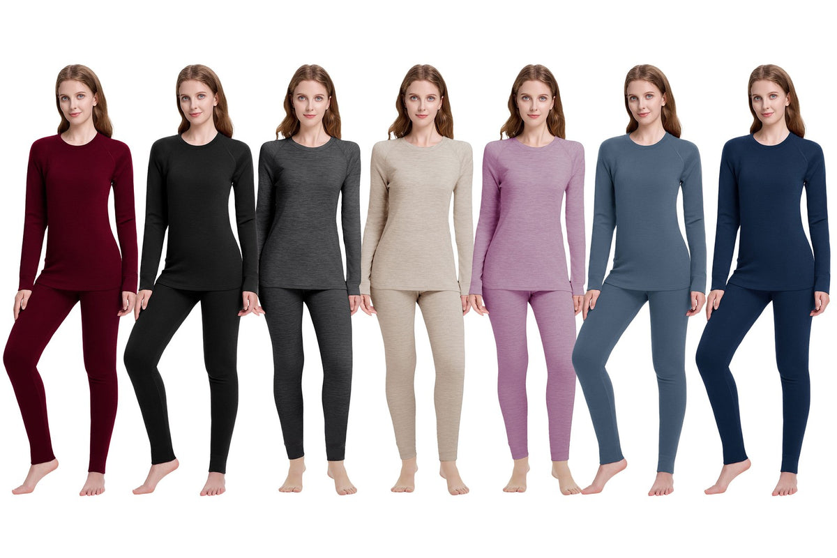Women's Merino Wool Base Layer Sets Thermal Underwear Ski 2PC Top & Long Johns