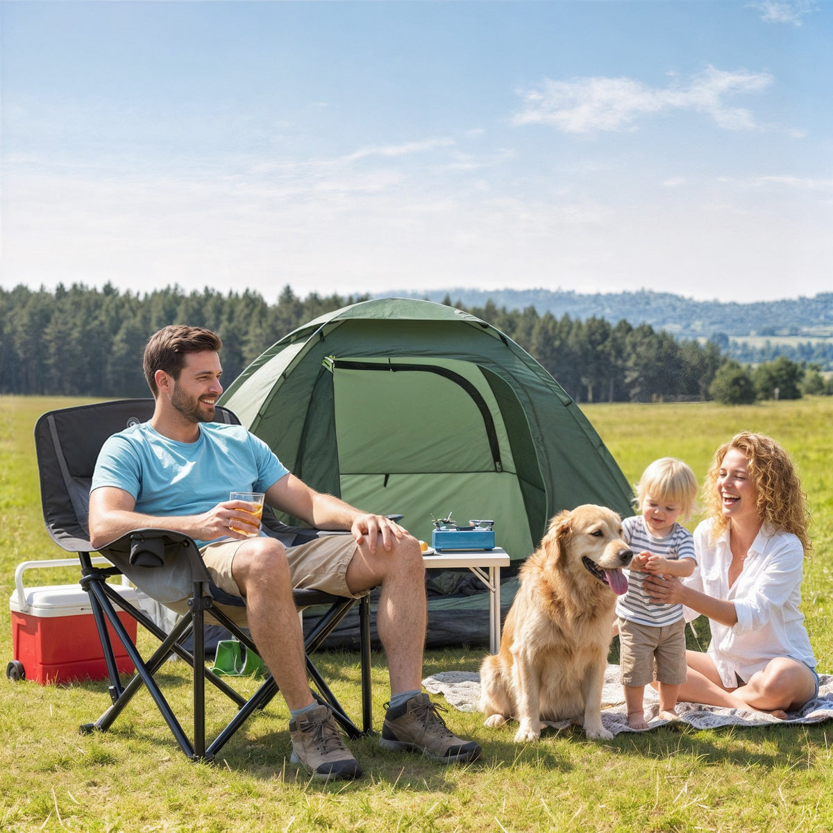 Portable Folding Camping Chair with High-Density Padding, Cup Holders and Side Pockets, Black and Gray
