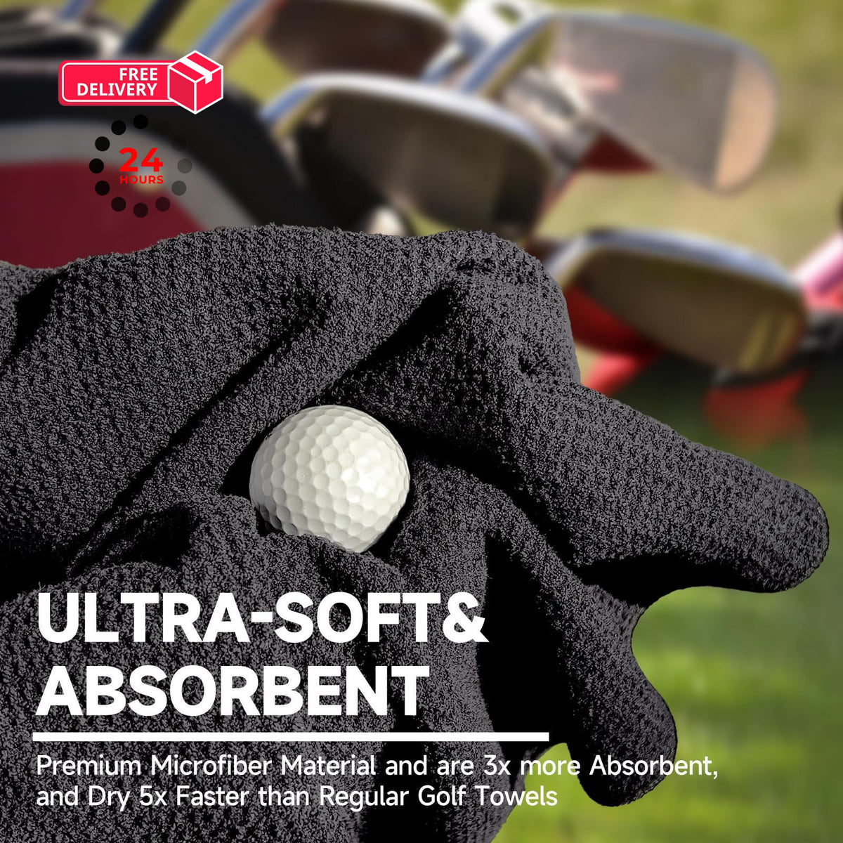 Golf Towels with Club Brush Set - Microfiber Waffle 16x16 Inch Black