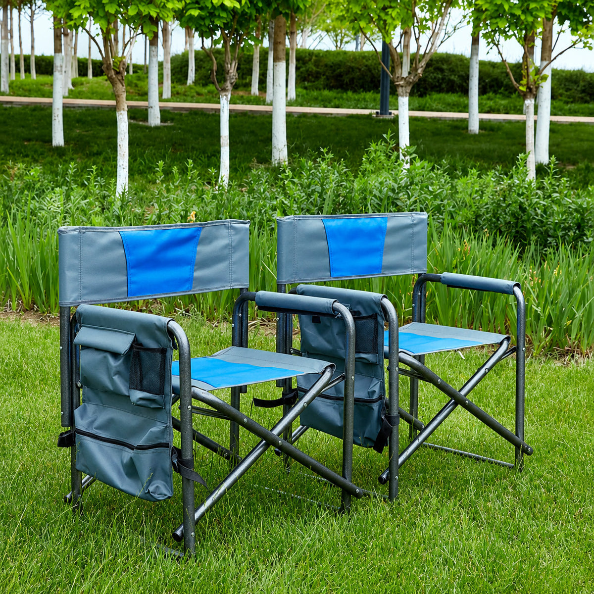 2 Pack Padded Folding Camping Chairs with Storage Pockets - Blue & Gray
