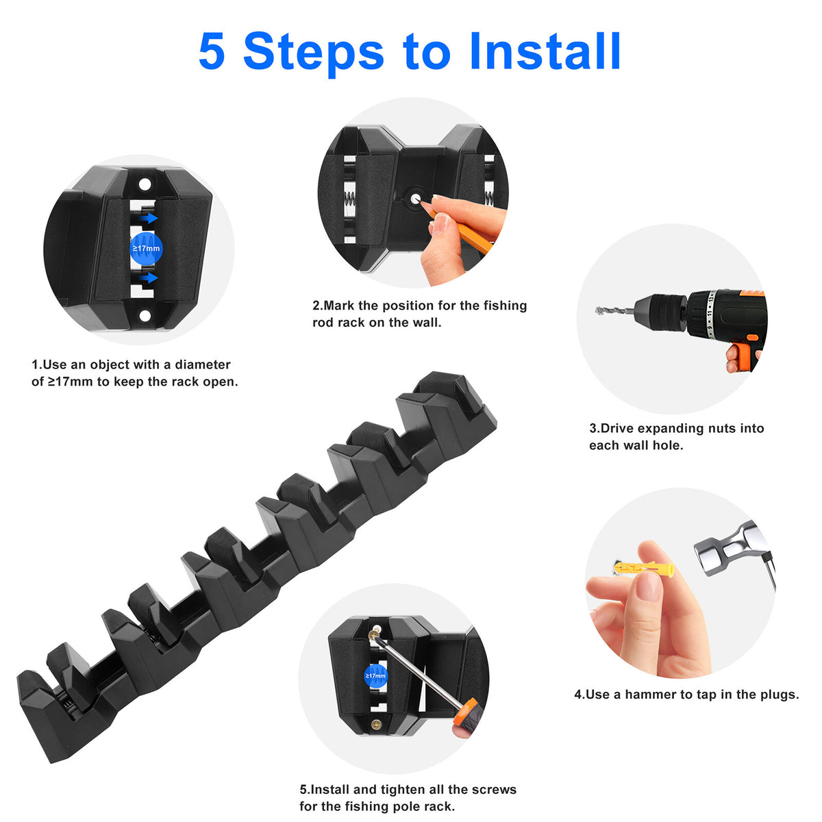 Wall Mount Fishing Rod Holder Rack for Garage & Boat Storage, Black