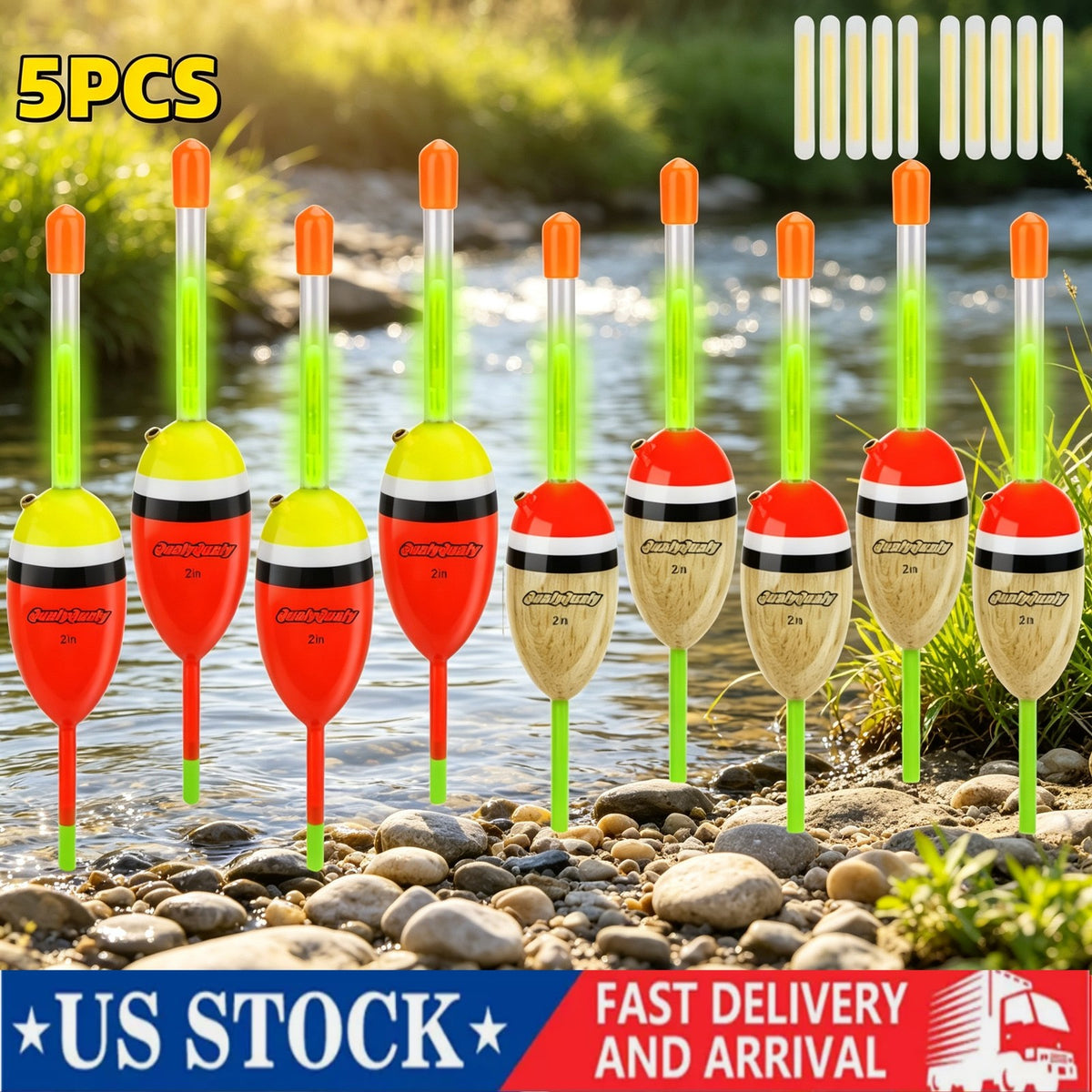 Lighted Fishing Floats Set with Glow Sticks for Night Fishing - 5 Pcs