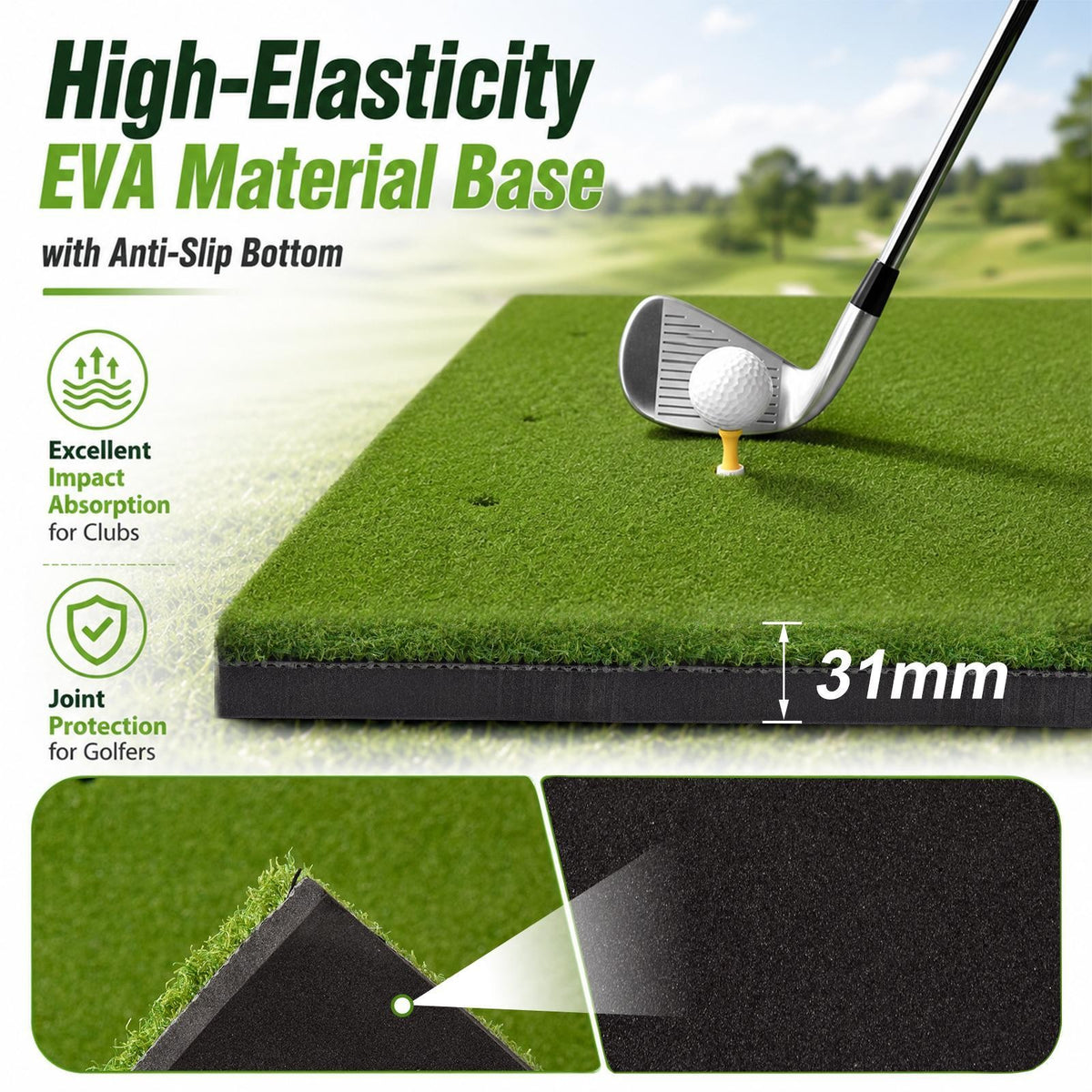 Large Golf Hitting Mat 4x5ft with 31mm Foam Padding for Indoor & Outdoor Practice