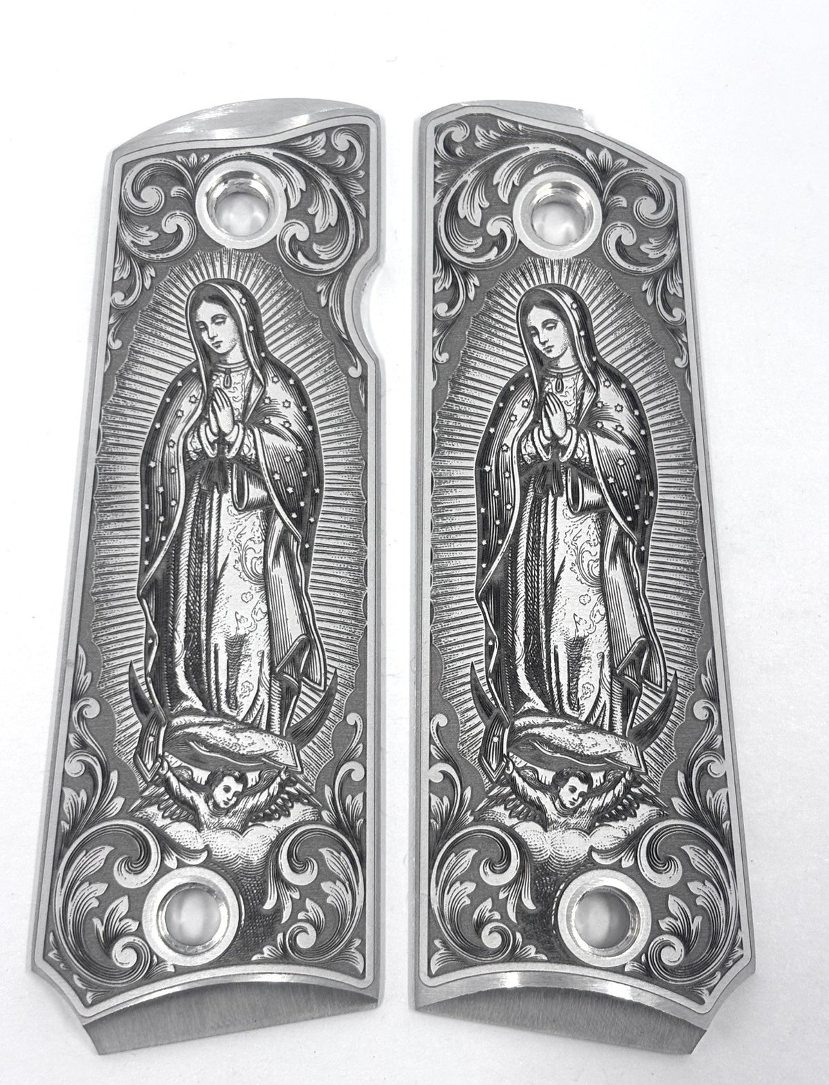 Full Size 1911 Aluminum Grips with Virgen De Guadalupe Engraving - Custom Firearm Accessory