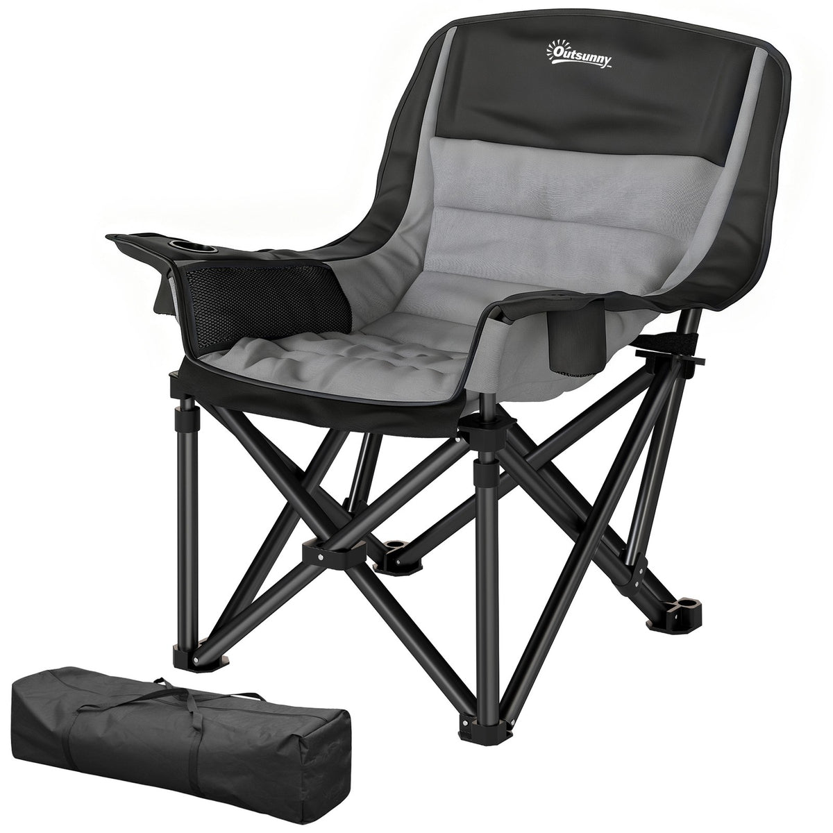 Portable Folding Camping Chair with High-Density Padding, Cup Holders and Side Pockets, Black and Gray