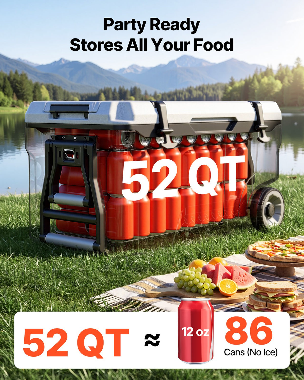 52QT Portable Hard Cooler with Rolling Wheels for Camping & Picnics