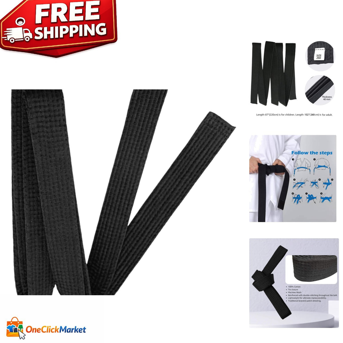 8.6ft Black Martial Arts Belt for Karate Taekwondo Judo Double Wrap