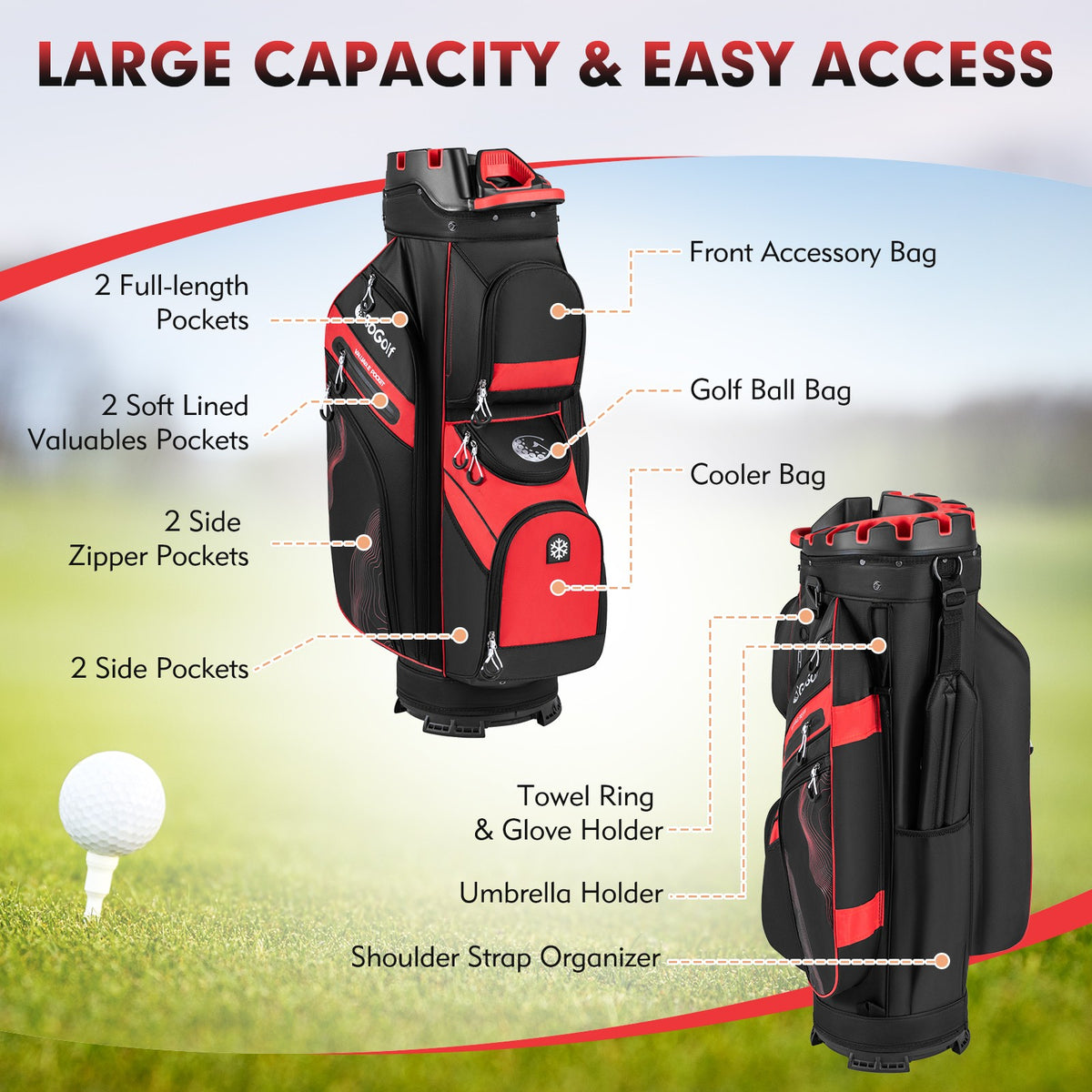 Golf Cart Bag with 14-Way Full Length Dividers and Multiple Pockets