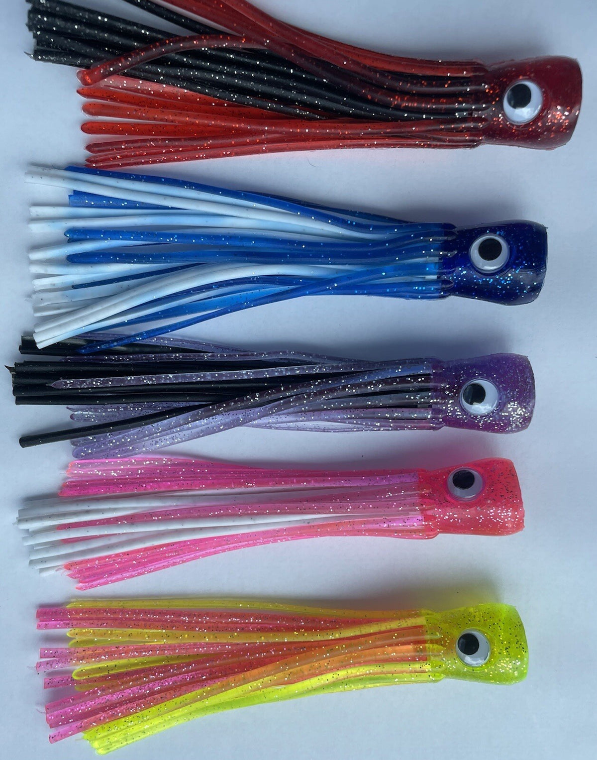 Fishing Trolling Skirts 5 Pack - Glitter Double Skirted Lures for Tuna Mahi Wahoo