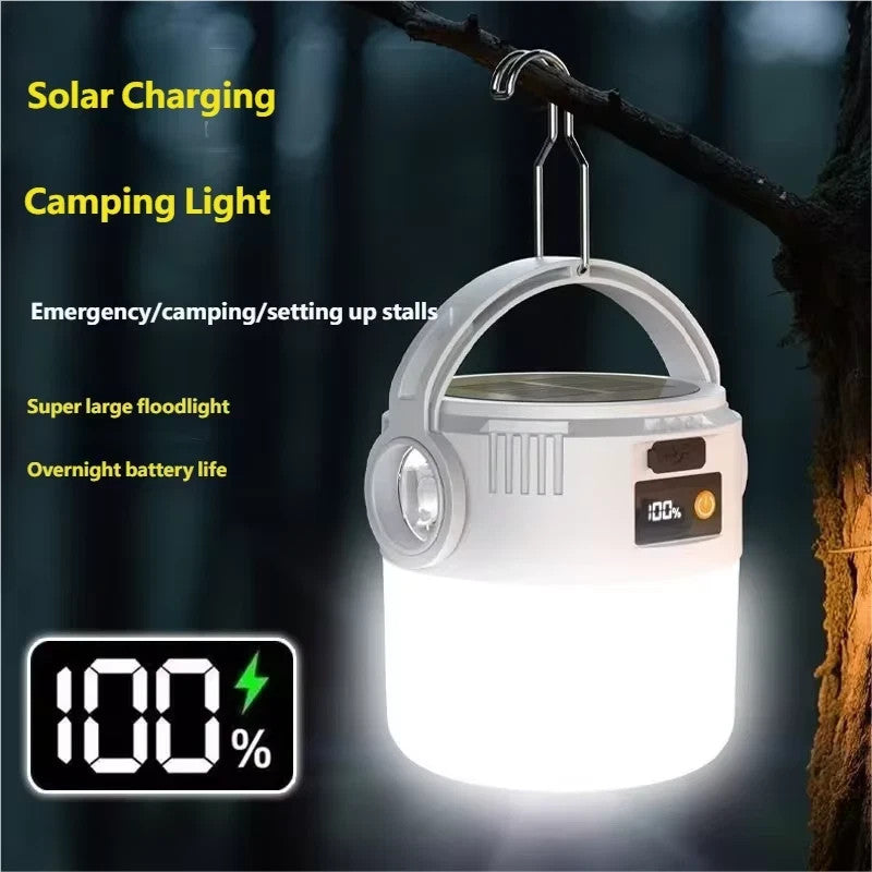 Portable Solar Rechargeable LED Camping Lantern with USB & Digital Display